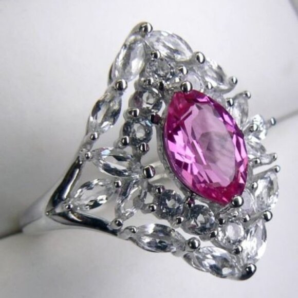 3.20CT Pink Sapphire & White Topaz SILVER Ring 7 - Picture 3 of 8